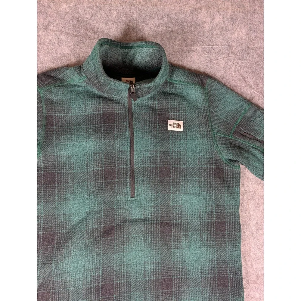 The North Face Mens Green Black Plaid Fleece Quarter Zip Pullover XL
